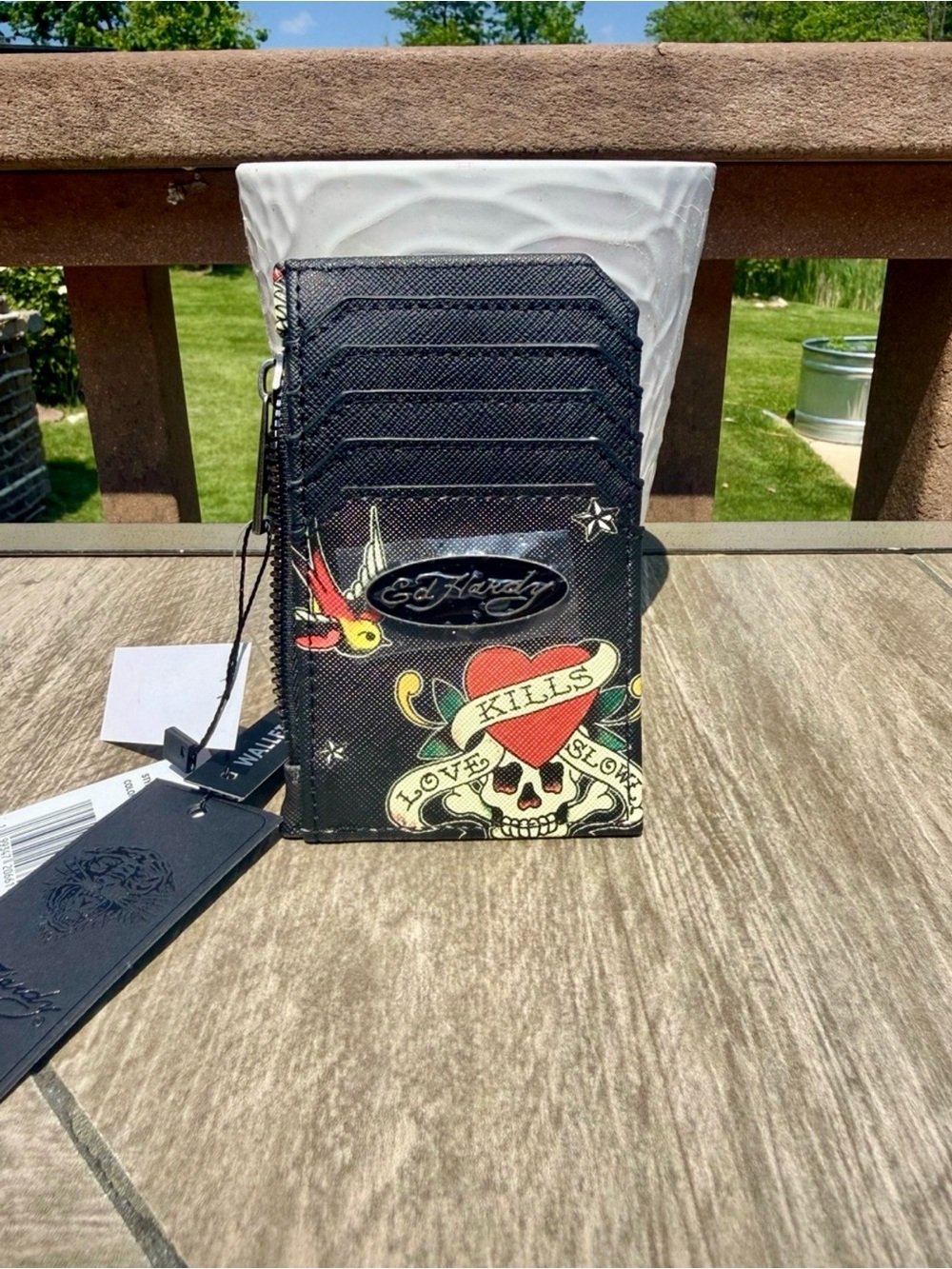 Ed Hardy Black Card Wallet with Heart & Skull Tattoo Print